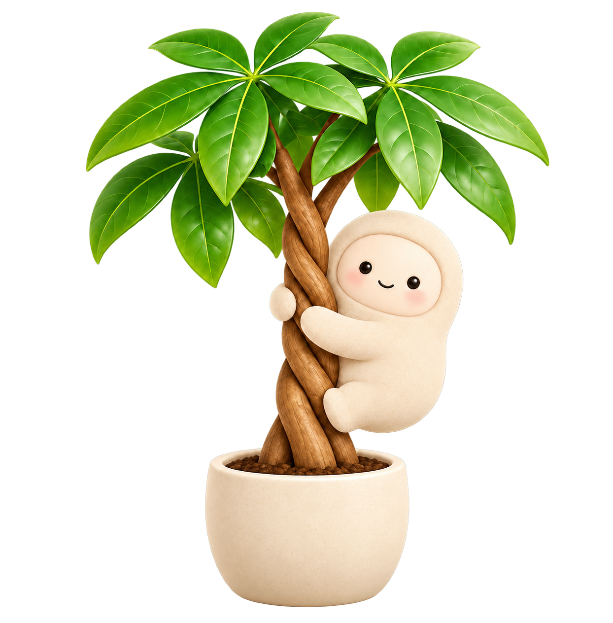 Money Tree mascot hugging a braided Pachira aquatica